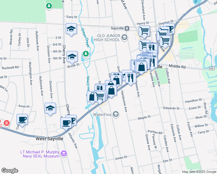 map of restaurants, bars, coffee shops, grocery stores, and more near 16 Garfield Avenue in Sayville