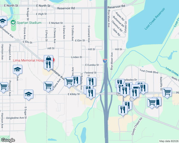 map of restaurants, bars, coffee shops, grocery stores, and more near 551 South Leonard Avenue in Lima