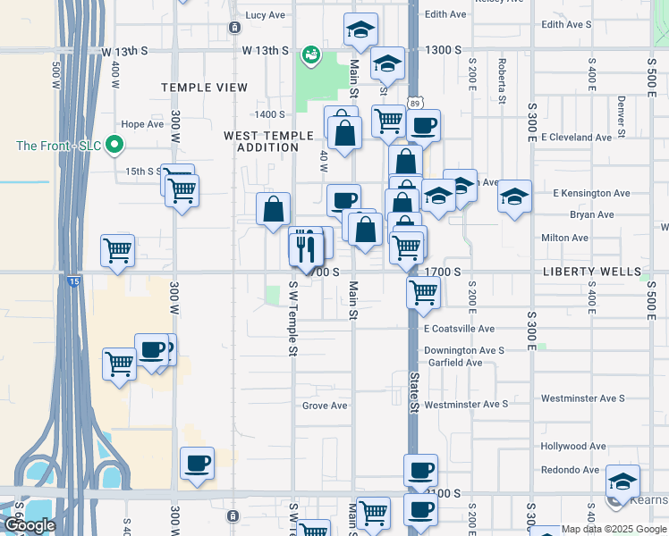 map of restaurants, bars, coffee shops, grocery stores, and more near 32 West 1700 South in Salt Lake City