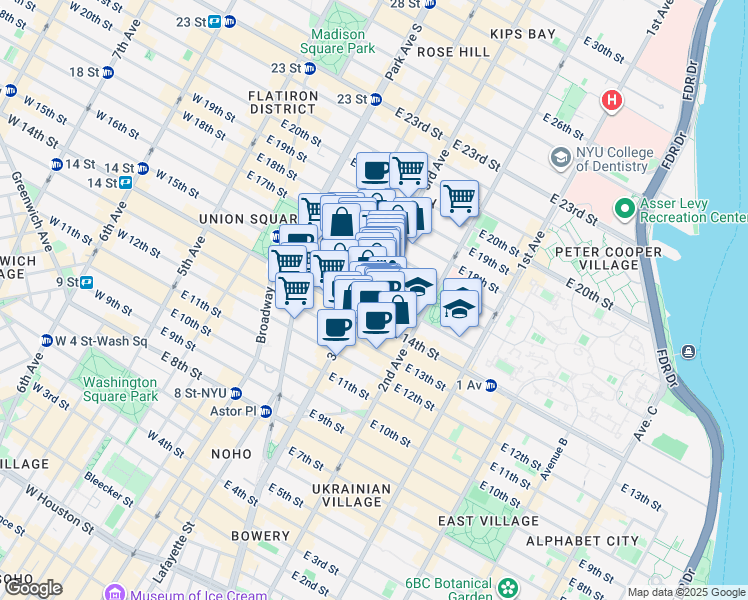 map of restaurants, bars, coffee shops, grocery stores, and more near 200 East 15th Street in New York