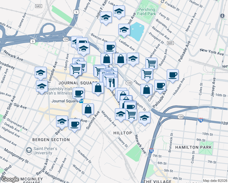 map of restaurants, bars, coffee shops, grocery stores, and more near 634 Newark Avenue in Jersey City