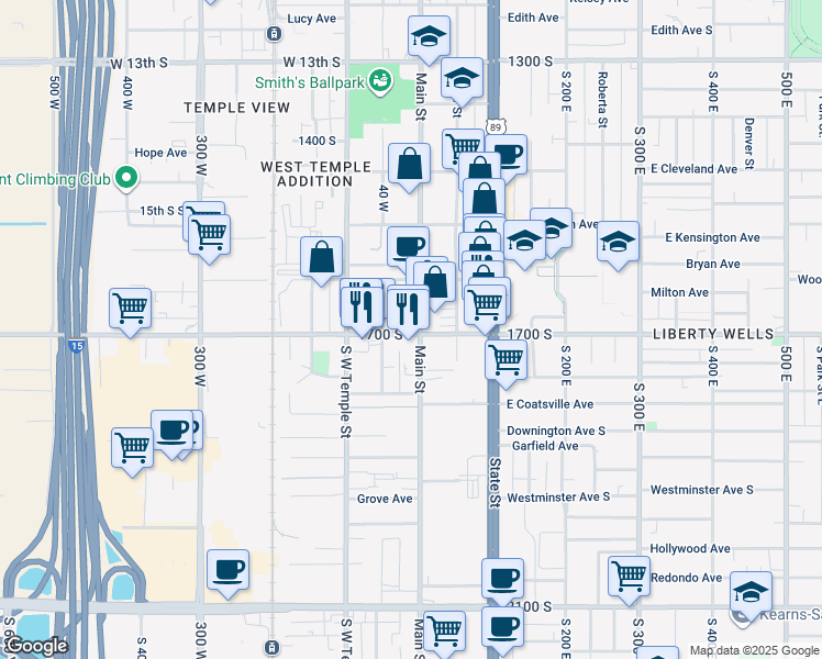 map of restaurants, bars, coffee shops, grocery stores, and more near 3 1700 South in Salt Lake City