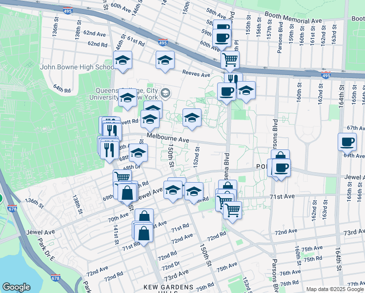 map of restaurants, bars, coffee shops, grocery stores, and more near 67-1 150th Street in Queens