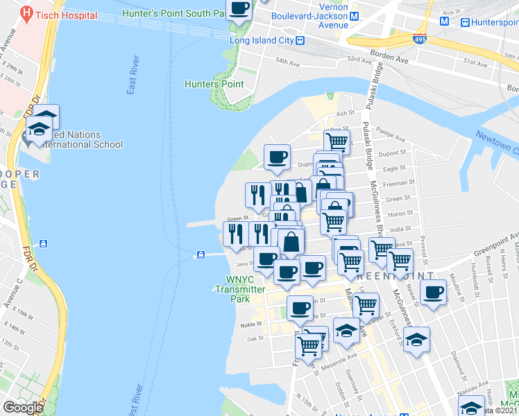 map of restaurants, bars, coffee shops, grocery stores, and more near 74 Freeman Street in Brooklyn