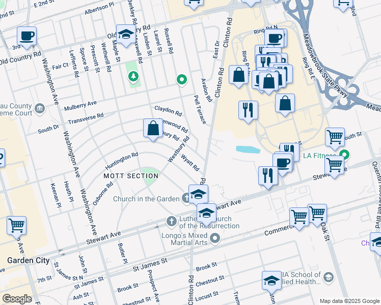 map of restaurants, bars, coffee shops, grocery stores, and more near 1 Russell Road in Garden City