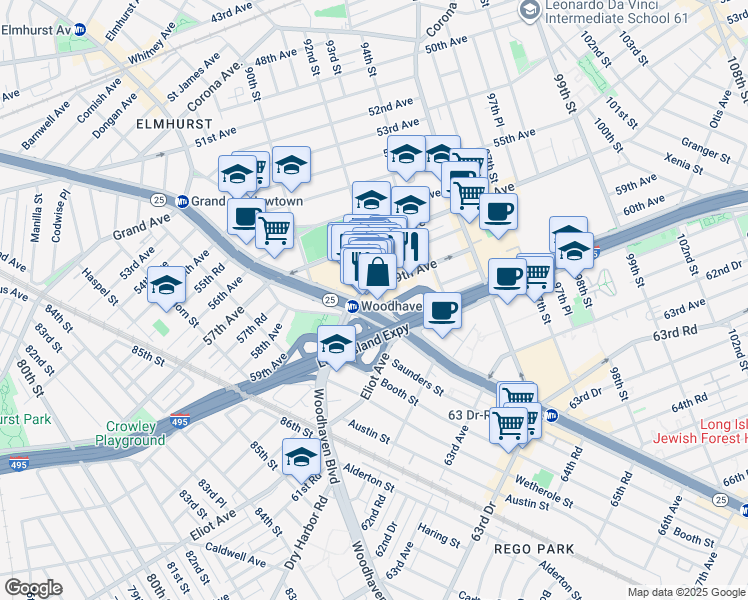 map of restaurants, bars, coffee shops, grocery stores, and more near 91-31 Queens Boulevard in Queens