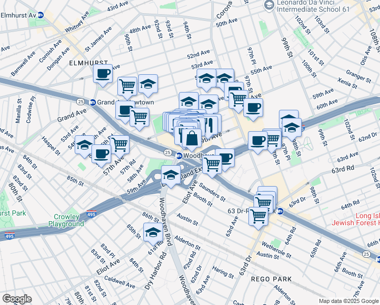 map of restaurants, bars, coffee shops, grocery stores, and more near 90-15 Queens Boulevard in Queens