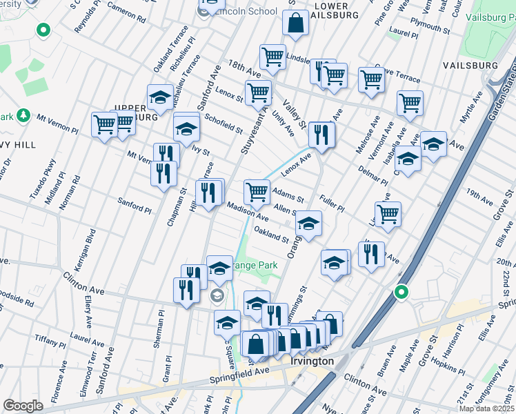map of restaurants, bars, coffee shops, grocery stores, and more near 106 Lenox Avenue in Irvington