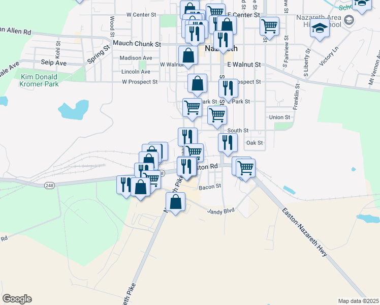 map of restaurants, bars, coffee shops, grocery stores, and more near 538 South Main Street in Nazareth
