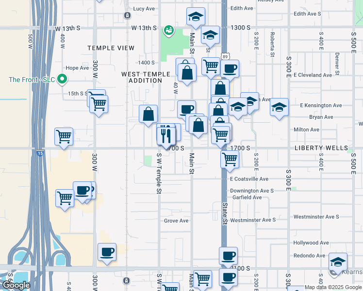 map of restaurants, bars, coffee shops, grocery stores, and more near 1629 Richards Street in Salt Lake City