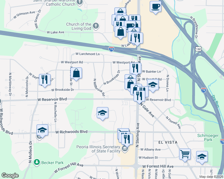 map of restaurants, bars, coffee shops, grocery stores, and more near 2733 West Millbrook Court in Peoria
