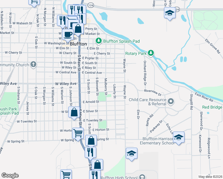 map of restaurants, bars, coffee shops, grocery stores, and more near 424 East Wiley Avenue in Bluffton