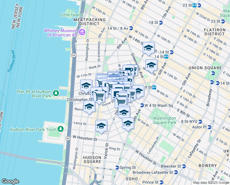 map of restaurants, bars, coffee shops, grocery stores, and more near 337 Bleecker Street in New York