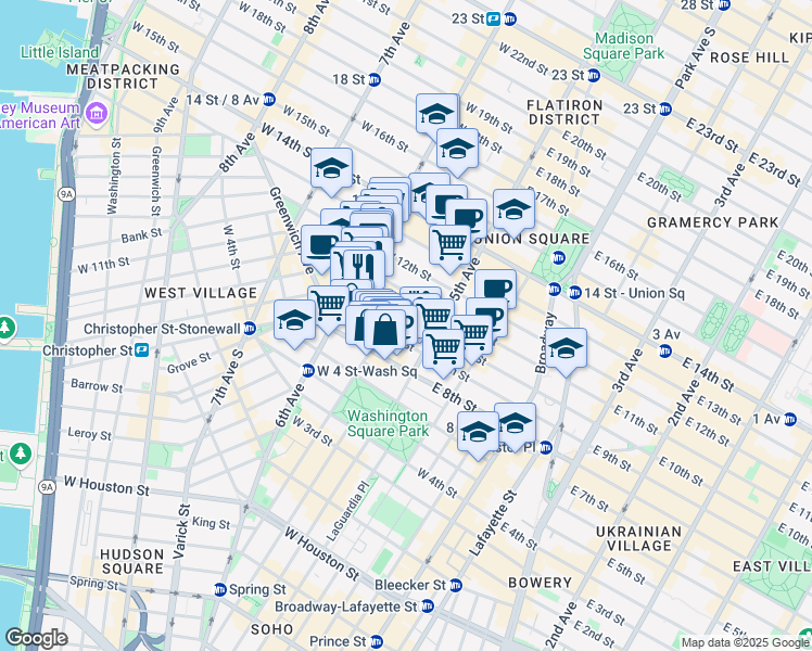 map of restaurants, bars, coffee shops, grocery stores, and more near 16 West 10th Street in New York