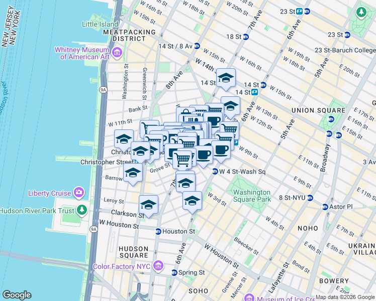 map of restaurants, bars, coffee shops, grocery stores, and more near 7th Ave S & West 4th Street in New York