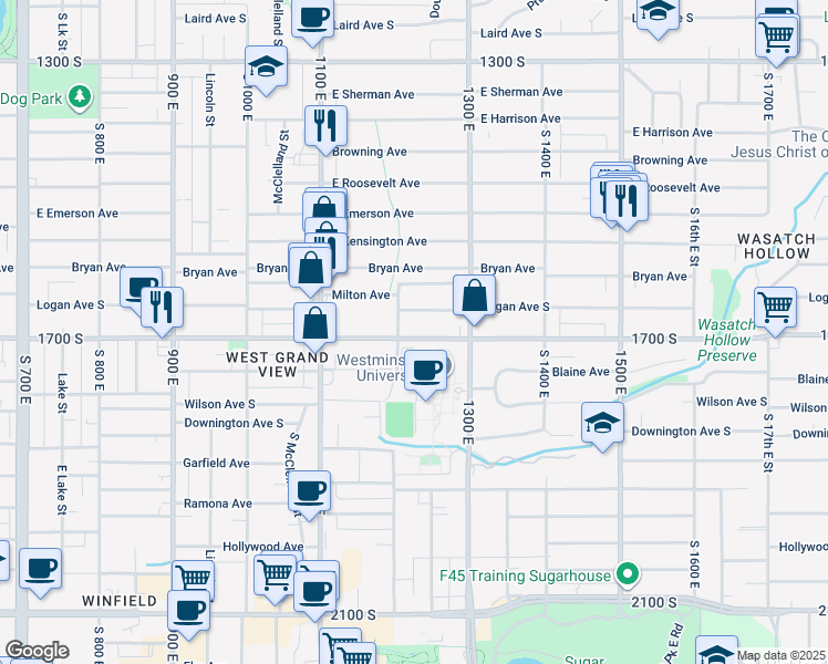 map of restaurants, bars, coffee shops, grocery stores, and more near 1623 South 1200 East in Salt Lake City
