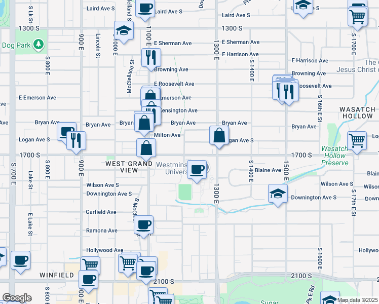 map of restaurants, bars, coffee shops, grocery stores, and more near 1623 South 1200 East in Salt Lake City