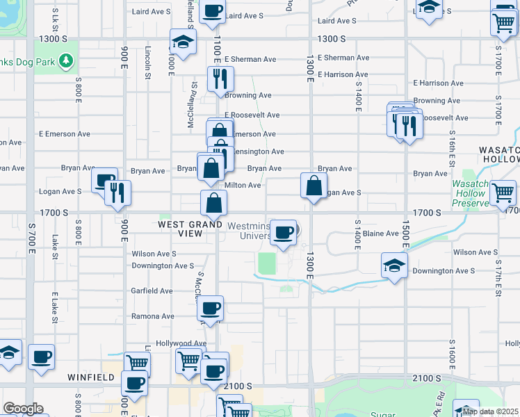 map of restaurants, bars, coffee shops, grocery stores, and more near 1623 South 1200 East in Salt Lake City
