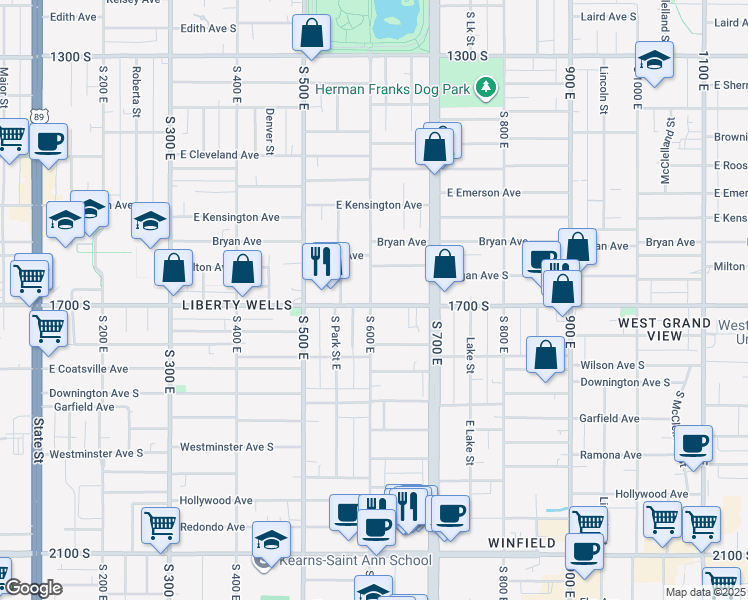 map of restaurants, bars, coffee shops, grocery stores, and more near 1640 South 600 East in Salt Lake City