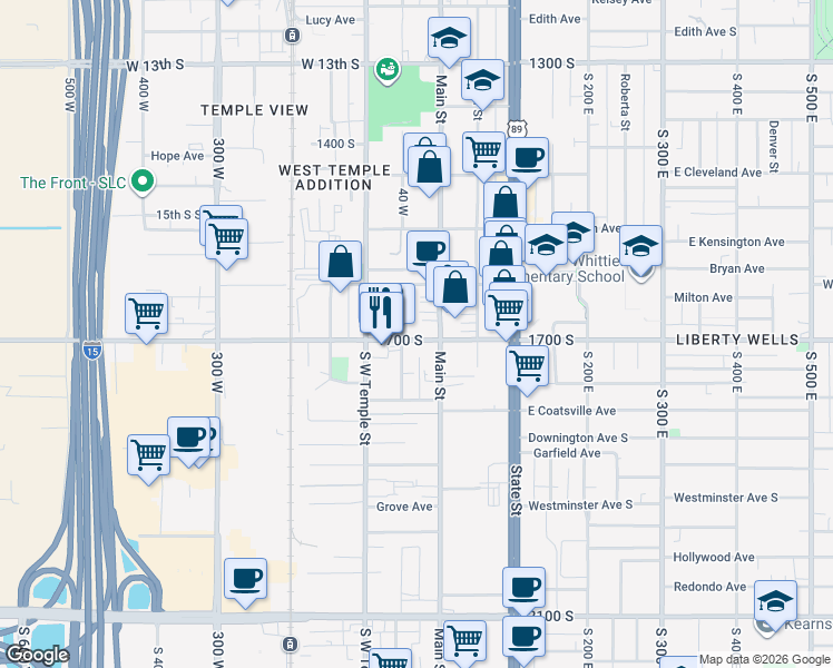 map of restaurants, bars, coffee shops, grocery stores, and more near 1629 Richards Street in Salt Lake City