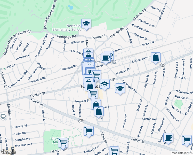 map of restaurants, bars, coffee shops, grocery stores, and more near 129 Elizabeth Street in Farmingdale