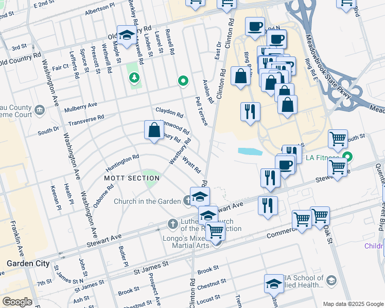 map of restaurants, bars, coffee shops, grocery stores, and more near 1 Russell Road in Garden City