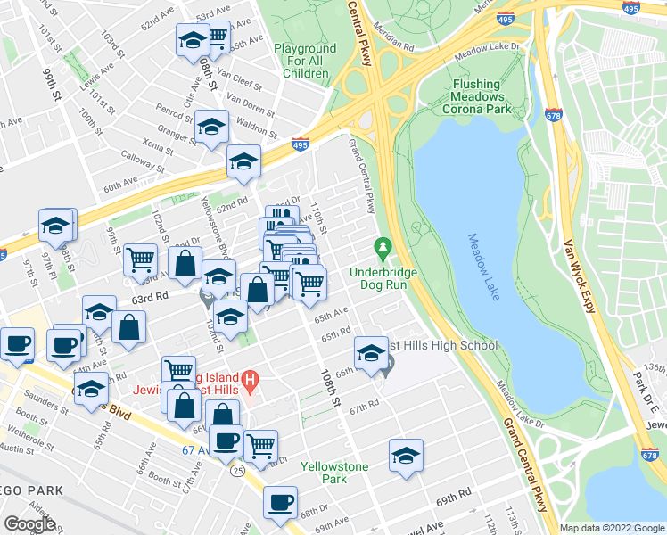 map of restaurants, bars, coffee shops, grocery stores, and more near 108-52 63rd Drive in Queens