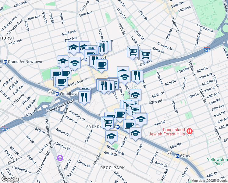 map of restaurants, bars, coffee shops, grocery stores, and more near 250 Horace Harding Expressway in Queens