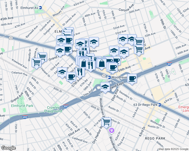 map of restaurants, bars, coffee shops, grocery stores, and more near in Queens
