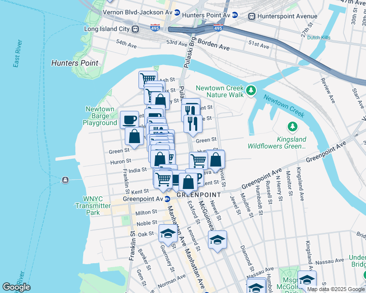 map of restaurants, bars, coffee shops, grocery stores, and more near 207 Green Street in Brooklyn