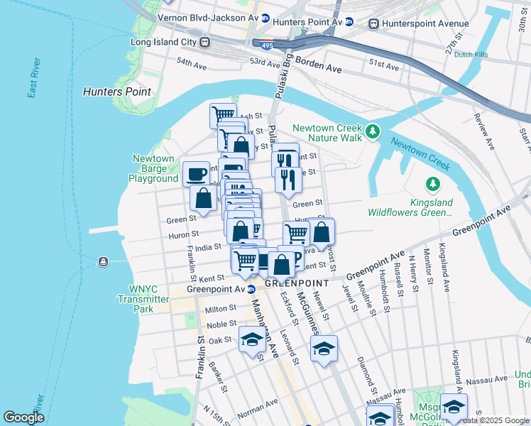 map of restaurants, bars, coffee shops, grocery stores, and more near 207 Green Street in Brooklyn