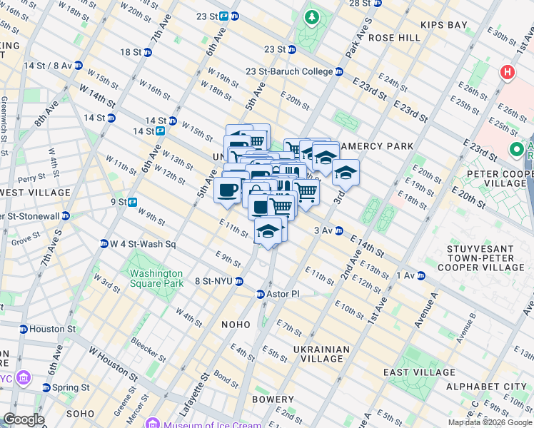 map of restaurants, bars, coffee shops, grocery stores, and more near 833 Broadway in New York