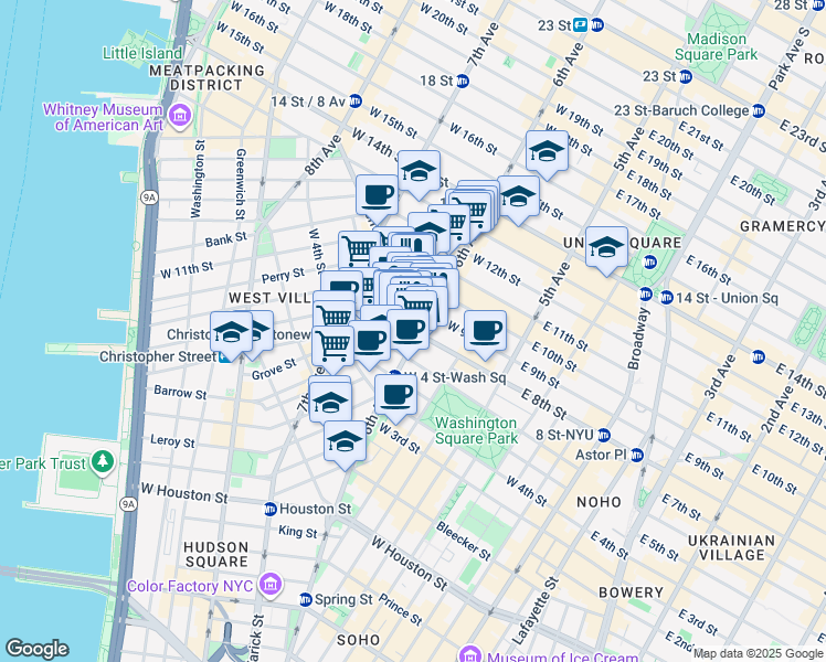map of restaurants, bars, coffee shops, grocery stores, and more near 58 1/2 West 8th Street in New York