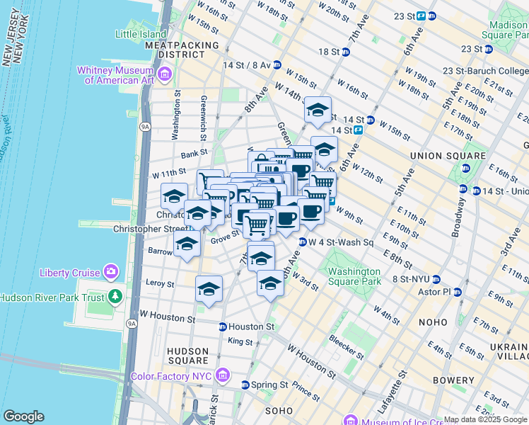 map of restaurants, bars, coffee shops, grocery stores, and more near in New York