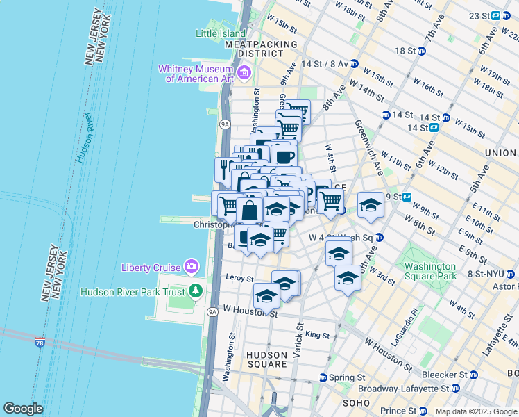 map of restaurants, bars, coffee shops, grocery stores, and more near 693 Washington Street in New York