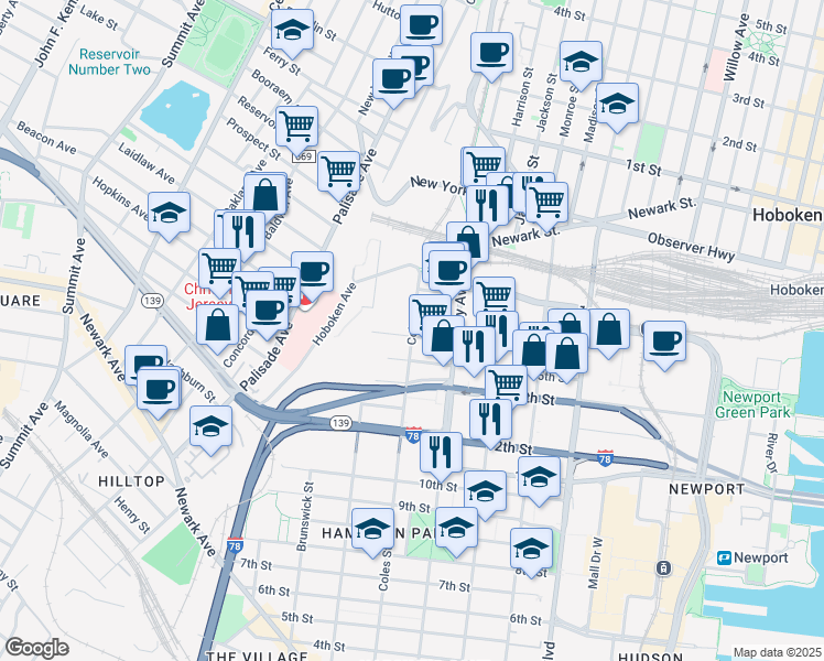 map of restaurants, bars, coffee shops, grocery stores, and more near 289 Coles Street in Jersey City