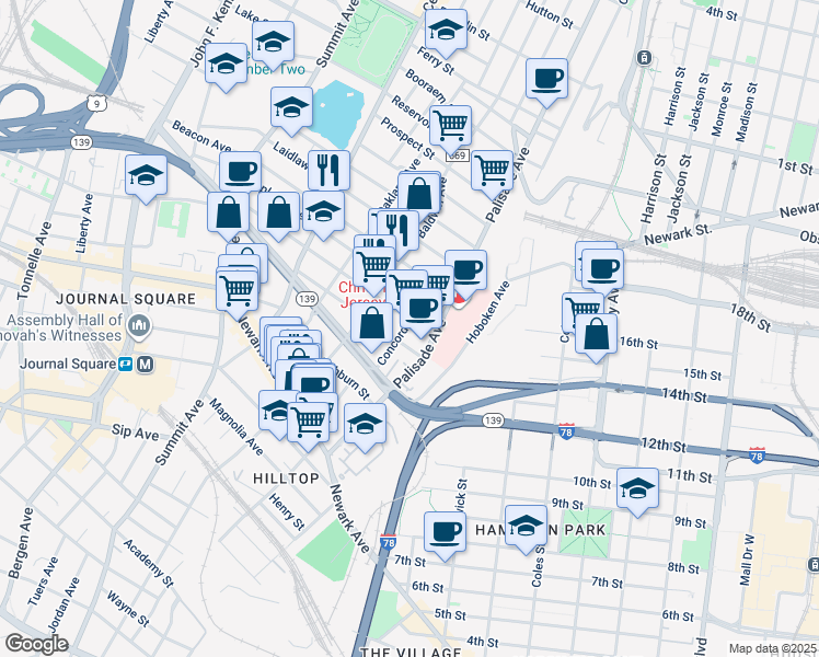 map of restaurants, bars, coffee shops, grocery stores, and more near 22 Saint Pauls Avenue in Jersey City
