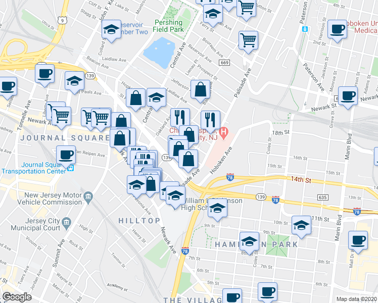 map of restaurants, bars, coffee shops, grocery stores, and more near 22 Saint Pauls Avenue in Jersey City