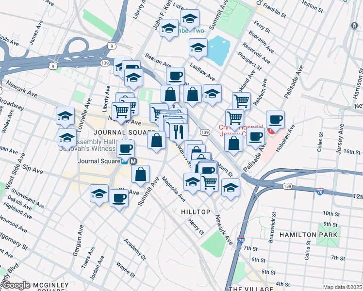 map of restaurants, bars, coffee shops, grocery stores, and more near 634 Newark Avenue in Jersey City