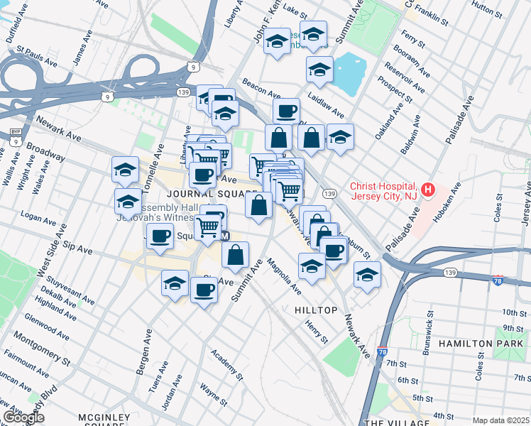 map of restaurants, bars, coffee shops, grocery stores, and more near 564-580 Summit Avenue in Jersey City