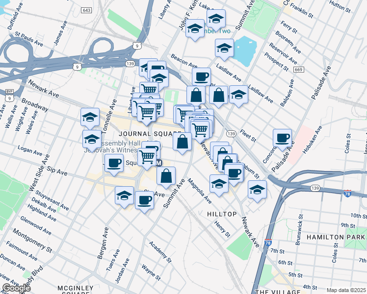 map of restaurants, bars, coffee shops, grocery stores, and more near 564-580 Summit Avenue in Jersey City