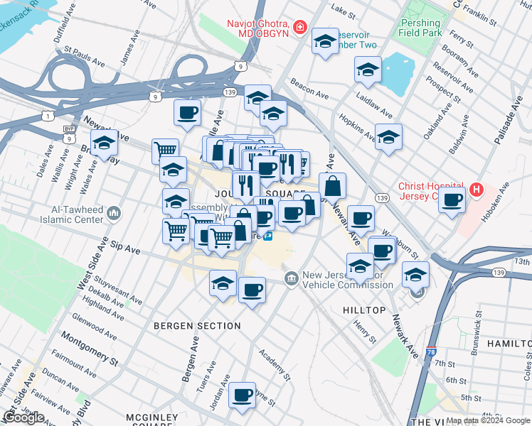 map of restaurants, bars, coffee shops, grocery stores, and more near 74 Cottage Street in Jersey City