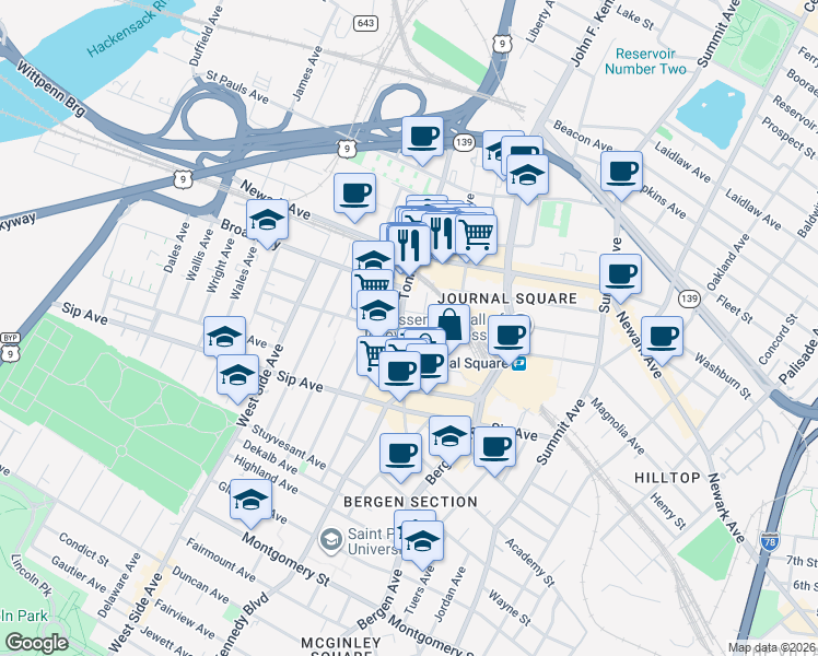 map of restaurants, bars, coffee shops, grocery stores, and more near 92 Tonnelle Avenue in Jersey City