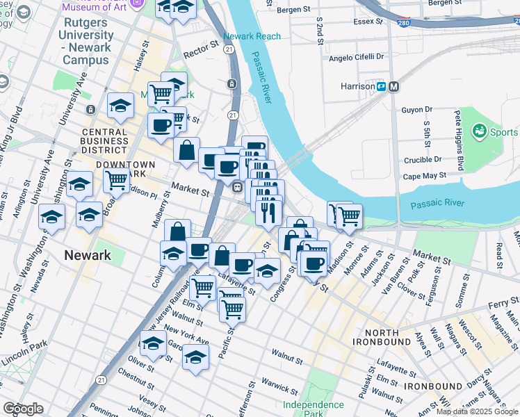 map of restaurants, bars, coffee shops, grocery stores, and more near in Newark
