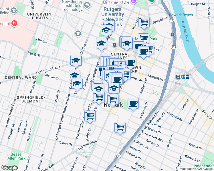 map of restaurants, bars, coffee shops, grocery stores, and more near in Newark