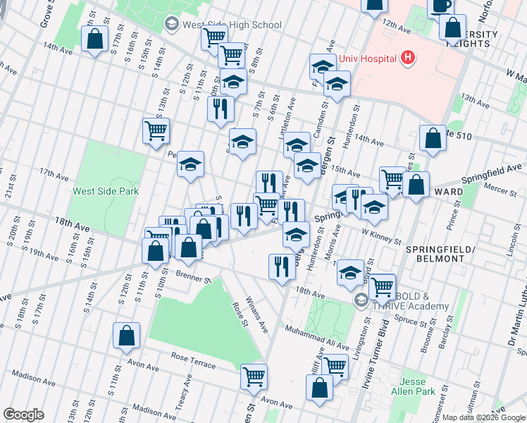 map of restaurants, bars, coffee shops, grocery stores, and more near 391 Fairmount Avenue in Newark