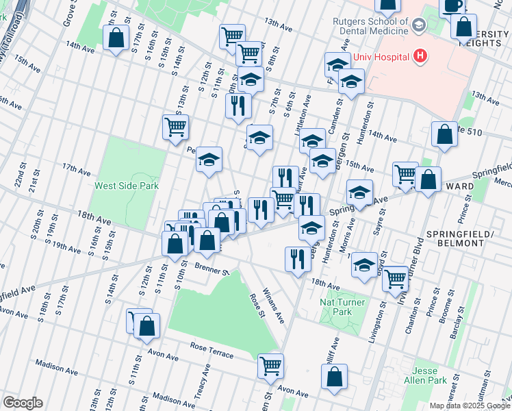 map of restaurants, bars, coffee shops, grocery stores, and more near 394 South 6th Street in Newark