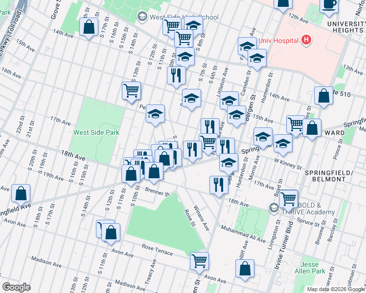 map of restaurants, bars, coffee shops, grocery stores, and more near 421 South 7th Street in Newark