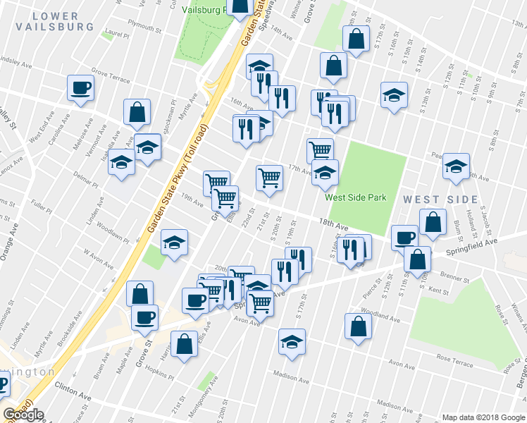 map of restaurants, bars, coffee shops, grocery stores, and more near 649 18th Avenue in Irvington