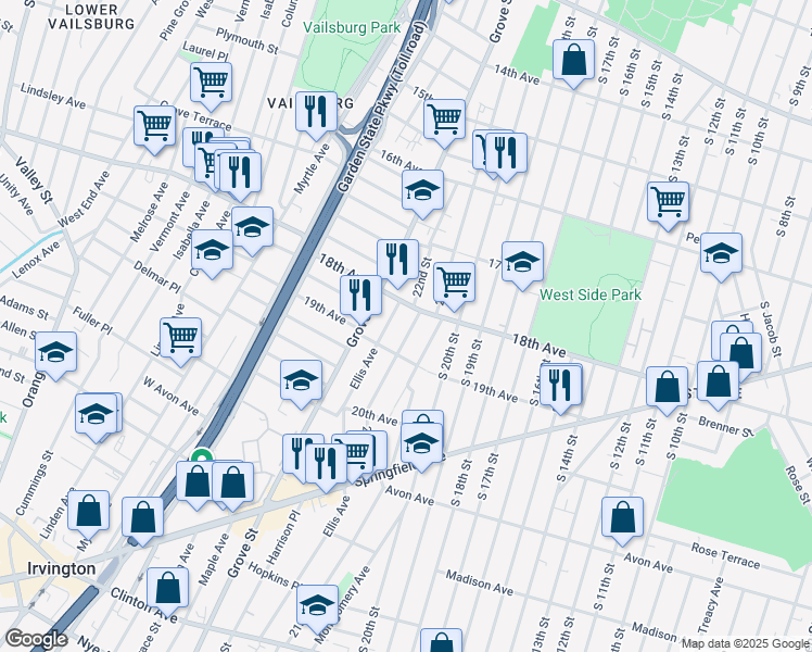 map of restaurants, bars, coffee shops, grocery stores, and more near 312 Ellis Avenue in Irvington